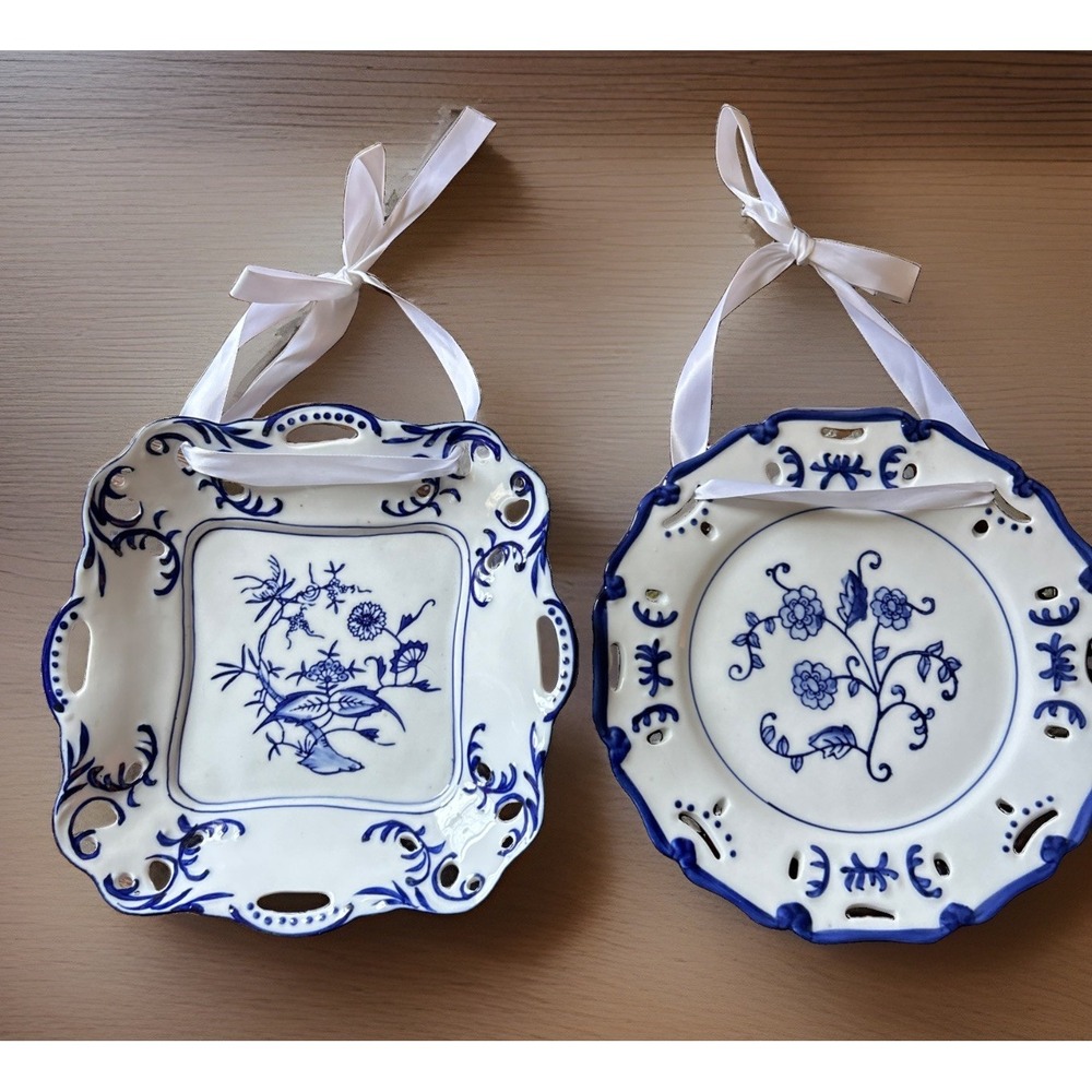 Vintage Lillian Vernon Blue and White Reticulated Chinoiserie Plates Set of 2
